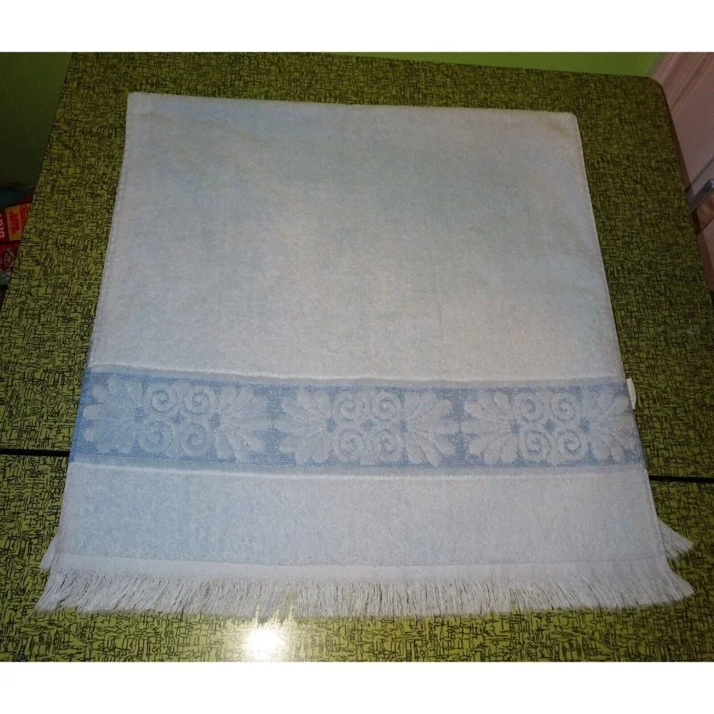 Vintage Light Blue Cannon Bath Towel with Fringe brocade panel 1970's mcm